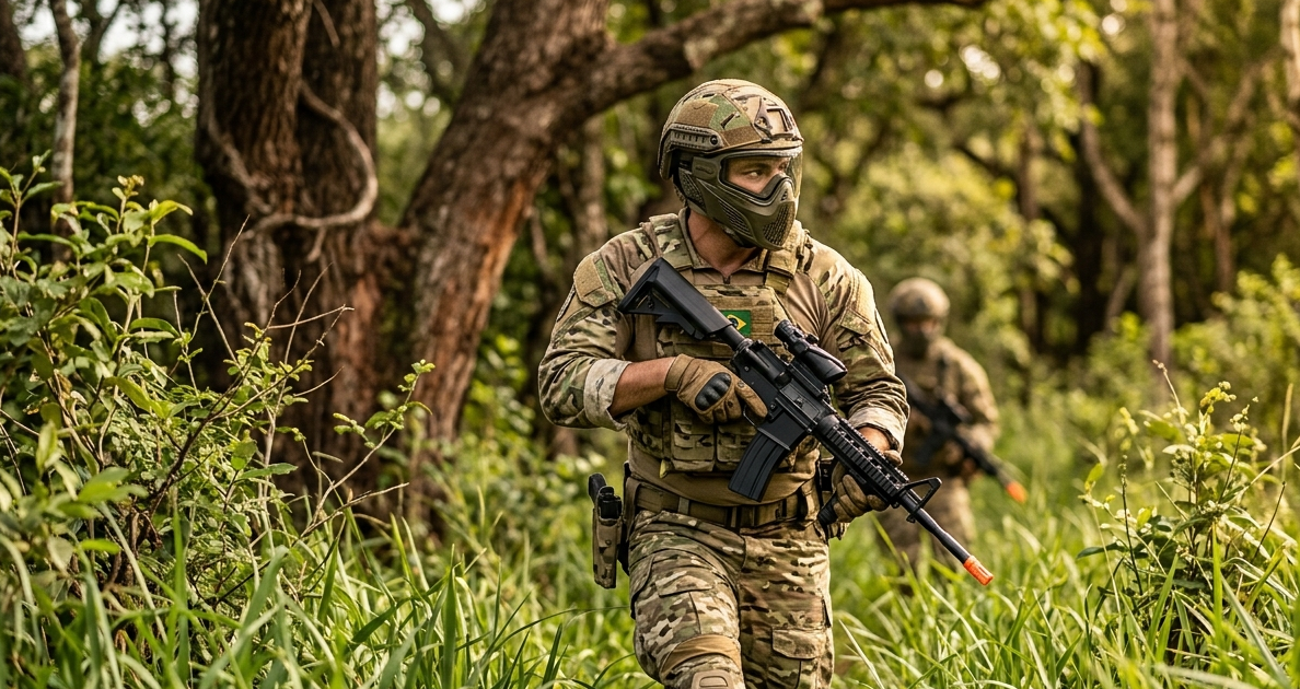 Operador de Airsoft em Sinop em um Campo de batalha em meio a selva
