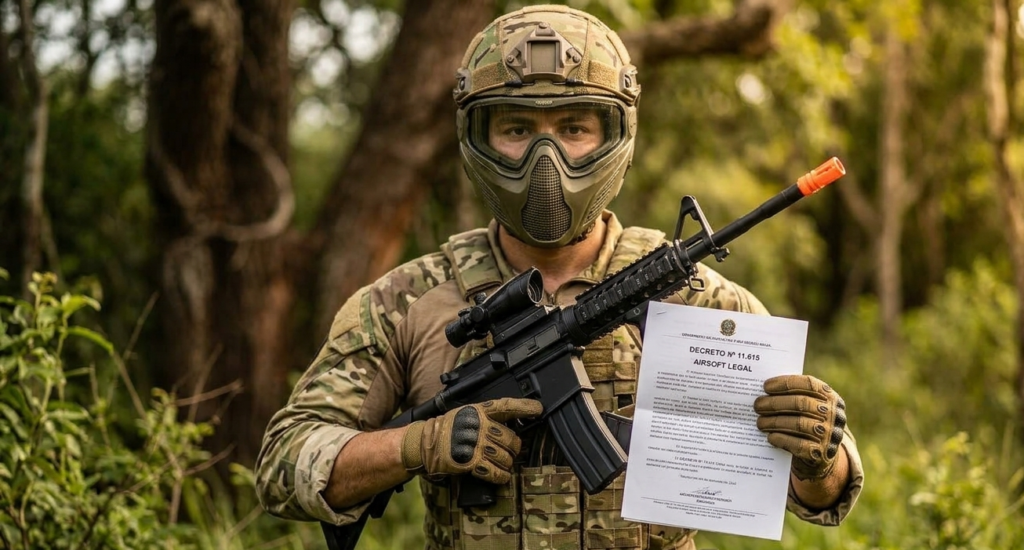 Operador de Airsoft segurando um papel com a regulamentação do setor