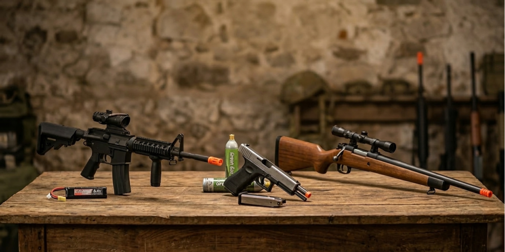 uma mesa de madeira mostrando tipos de arma para airsoft